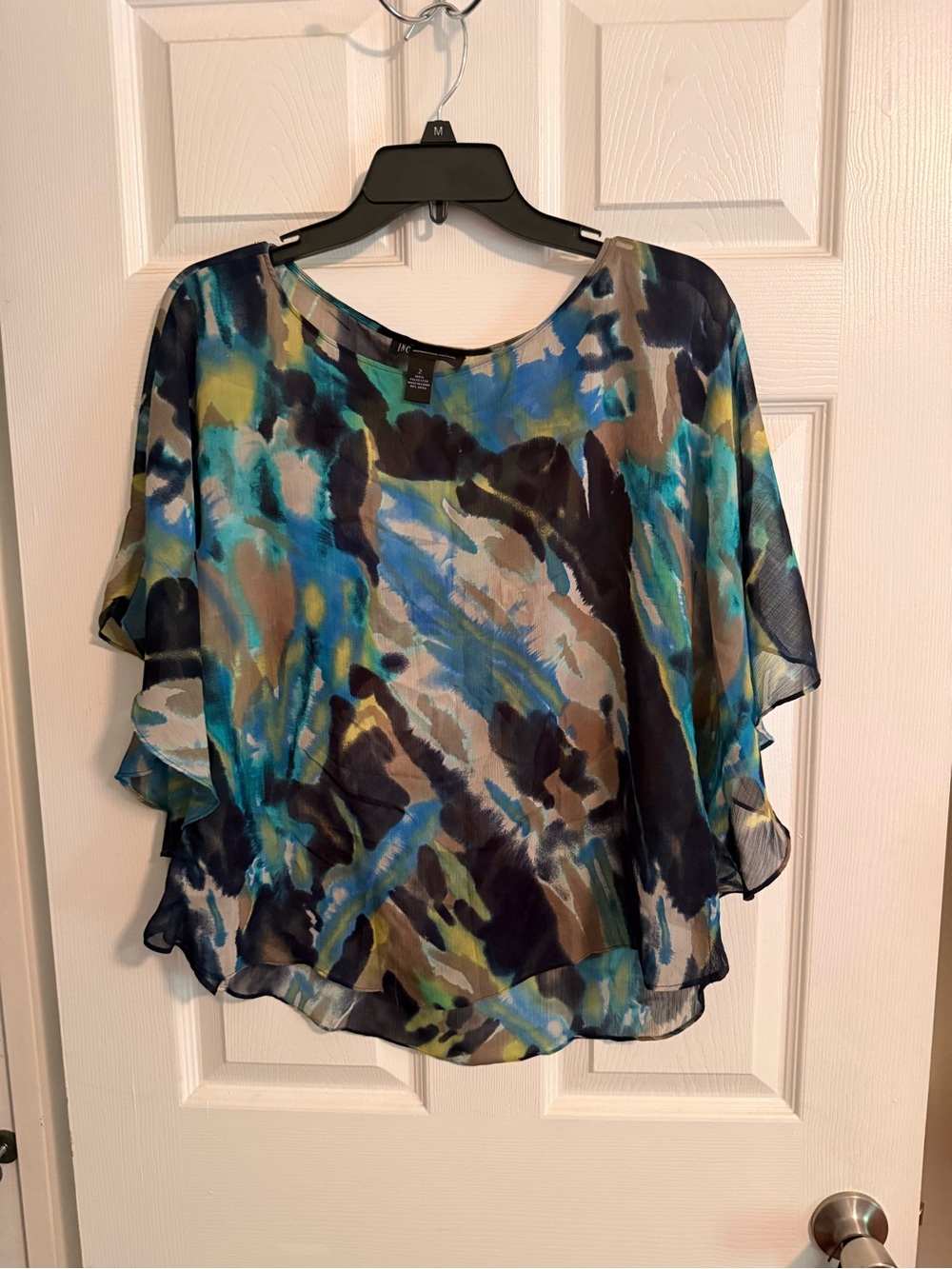 INC International Concepts Blue Teal Watercolor Flutter Sleeve Blouse